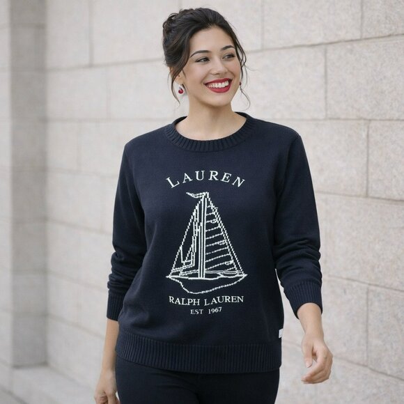 Lauren Ralph Lauren Sweaters - Lauren Ralph Lauren Cotton Knit Sweater Embroidered Sailboat Design Womens Large